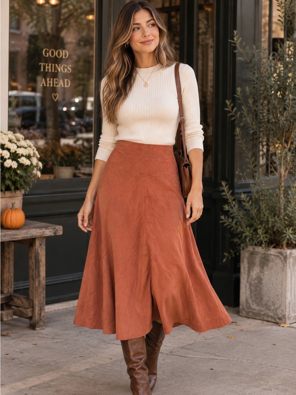Zara Faux Suede Midi Skirt Terracotta Rust A-Line Large Fall